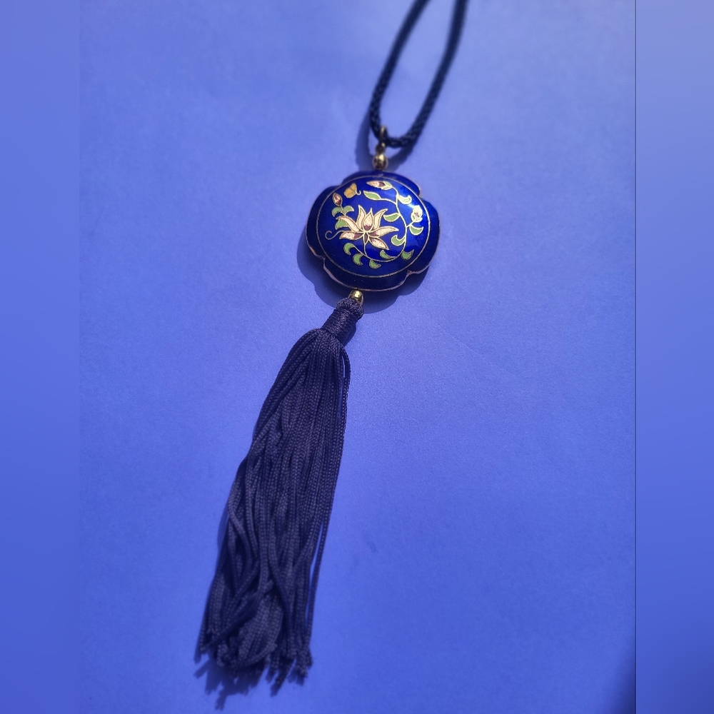 Vintage Cloissone Flower Blue Tassel Necklace